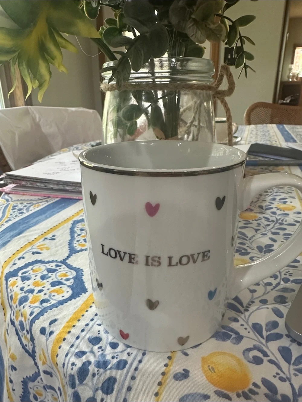 Williams Sonoma White Ceramic Mug with Multicolor Heart Accents and gold rim